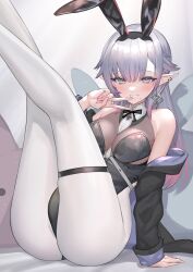 Rule 34 | animal ears, arm support, bare shoulders, between breasts, black leotard, blush, breasts, cleavage, clothes between breasts, coat, colored tips, earrings, fairy wings, fake animal ears, green eyes, grey hair, grin, hair flaps, highleg, highleg leotard, highres, hitowa, jewelry, legs up, leotard, long hair, looking at viewer, medium breasts, mole, mole under mouth, multicolored hair, open clothes, open coat, original, pantyhose, pink nails, playboy bunny, pointy ears, rabbit ears, see-through, see-through cleavage, sitting, smile, v, white pantyhose, wings
