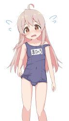 Rule 34 | 1girl, ahoge, bare arms, bare shoulders, blue one-piece swimsuit, blush, brown eyes, brown hair, collarbone, commentary request, covered navel, feet out of frame, flying sweatdrops, gluteal fold, head tilt, highres, long hair, looking at viewer, name tag, old school swimsuit, one-piece swimsuit, onii-chan wa oshimai!, open mouth, oyama mahiro, school swimsuit, simple background, solo, standing, strap slip, swimsuit, takasuma hiro, very long hair, wavy mouth, white background
