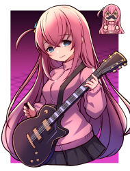 Rule 34 | 1girl, blue eyes, bocchi the rock!, cube hair ornament, electric guitar, gibson les paul, gotoh hitori, guitar, hair ornament, highres, holding, holding instrument, holding plectrum, instrument, jacket, long hair, looking at viewer, one side up, pink hair, pink jacket, pink track suit, pleated skirt, plectrum, skirt, track jacket, umenodo