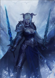 Rule 34 | 1girl, armor, blue eyes, blue gloves, breasts, cape, chain, cleavage, death knight (warcraft), draenei, dual wielding, gloves, glowing, glowing eyes, grey cape, highres, holding, holding sword, holding weapon, horns, large breasts, long hair, looking at viewer, outdoors, pants, shoulder armor, silver hair, snowing, solo, swept bangs, sword, warcraft, weapon, wolisu, world of warcraft
