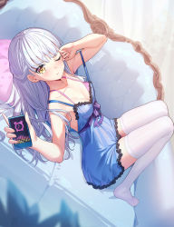 Rule 34 | 1girl, ;t, arm up, artist name, bare arms, bare shoulders, blue dress, blush, bow, breasts, cellphone, closed mouth, collarbone, commentary request, couch, dress, dutch angle, frilled dress, frills, full body, highres, holding, holding phone, knees up, long hair, lying, medium breasts, no shoes, on back, on couch, one eye closed, original, phone, pillow, polka dot, pout, purple bow, ririko (zhuoyandesailaer), saegusa riko, silver hair, sleeveless, sleeveless dress, solo, thighhighs, very long hair, watermark, white thighhighs, yellow eyes