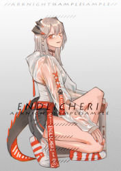 Rule 34 | 1girl, :d, absurdres, arknights, artist name, bare legs, black choker, black skirt, chinese commentary, choker, commentary request, copyright name, earrings, endlicheri, gradient background, grey background, highres, horns, jacket, jewelry, long hair, long sleeves, looking at viewer, miniskirt, nail polish, open mouth, red eyes, red nails, saria (arknights), see-through, shoes, silver hair, skirt, smile, solo, squatting, tail, thighs, white footwear, white jacket