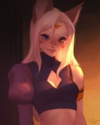 Rule 34 | 1girl, animal ears, blue eyes, breasts, brown eyes, cleavage cutout, closed mouth, clothing cutout, facial mark, fox ears, freckles, highres, long hair, looking at viewer, losse (personal ami), original, personal ami, small breasts, smile, solo, upper body, white hair
