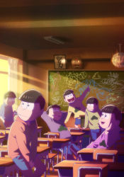 Rule 34 | 10s, 6+boys, :&gt;, absurdres, arms behind head, black hair, brothers, chalkboard, classroom, head rest, heart, heart in mouth, highres, hood, hoodie, key visual, male focus, matsuno choromatsu, matsuno ichimatsu, matsuno jyushimatsu, matsuno karamatsu, matsuno osomatsu, matsuno todomatsu, multiple boys, official art, osomatsu-san, osomatsu-san the movie, osomatsu (series), promotional art, sextuplets, shorts, siblings, sitting, sleeves past wrists