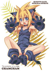 Rule 34 | 1girl, :d, alternate color, animal ears, animal hands, blonde hair, blue eyes, blush, cat ears, cat girl, cat tail, cham cham, character name, choker, fang, female focus, full body, gloves, happy, kure (beniya), long hair, open mouth, paw gloves, paw shoes, plant, samurai spirits, shoes, sitting, smile, snk, solo, spiked hair, spread legs, tail, white background
