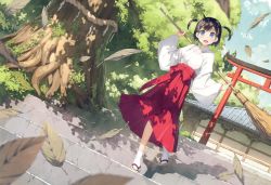 Rule 34 | 1girl, :d, absurdres, ahoge, bamboo staff, holding behind back, black eyes, black hair, blue eyes, blue sky, blush, bow, building, cloud, cloudy sky, collarbone, cropped, day, dutch angle, falling leaves, feathers, full body, hakama, hakama skirt, head tilt, highres, hip vent, holding, holding staff, huge filesize, japanese clothes, kantoku, kimono, leaf, long sleeves, looking at viewer, miko, non-web source, open mouth, original, outdoors, petals, plant, red bow, red hakama, rope, sandals, scan, short twintails, shrine, skirt, sky, smile, socks, solo, staff, stairs, standing, stone stairs, summer, tareme, torii, tree, twintails, two side up, white socks, wide sleeves