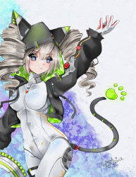 Rule 34 | 1girl, animal ears, arm up, artist name, black jacket, blonde hair, bodysuit, breasts, cable, cat ears, cat tail, drill hair, gloves, highres, jacket, kristen mcguire (artist), medium breasts, medium hair, multicolored eyes, shiro (tower of fantasy), signature, tail, tower of fantasy, twintails, white bodysuit, white gloves