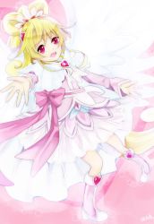 Rule 34 | 1girl, 95kazumi, aida mana, arm warmers, asymmetrical clothes, bad id, bad pixiv id, blonde hair, bow, brooch, cure heart, cure heart (parthenon mode), curly hair, detached sleeves, dokidoki! precure, dress, eyelashes, hair flip, hair ornament, half updo, happy, heart, heart brooch, highres, jewelry, long hair, looking at viewer, magical girl, open mouth, pink bow, pink dress, pink eyes, pink skirt, ponytail, precure, ribbon, skirt, smile, solo, wing brooch