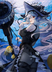 Rule 34 | 1girl, arknights, bare shoulders, beruko14, black dress, black hat, black pantyhose, circular saw, commentary, dress, fang, fish, from behind, grey hair, hat, highres, holding, holding weapon, long hair, looking at viewer, looking back, open mouth, pantyhose, red eyes, saw, shark, smile, solo, specter (arknights), specter the unchained (arknights), tropical fish, underwater, very long hair, weapon