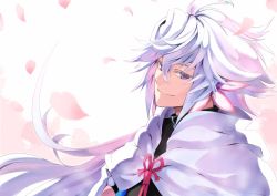 Rule 34 | 1boy, akamiso (k074510), bishounen, cloak, fate/stay night, fate (series), highres, long hair, looking at viewer, male focus, merlin (fate/stay night), purple eyes, smile, solo, white hair