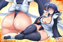 Rule 34 | 1girl, absurdres, ass, blue eyes, blue hair, blush, breasts, butt crack, cleavage, curvy, feet, from behind, glasses, highres, huge ass, iroha (samurai spirits), large breasts, looking at viewer, lying, maid, maid headdress, parted lips, samurai spirits, sano br, shiny skin, short hair with long locks, smile, snk, solo, thick thighs, thighhighs, thighs, thong, toeless legwear, toes, wide hips