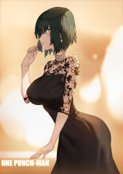 Rule 34 | 1girl, absurdres, black dress, black hair, blunt bangs, breasts, copyright name, cosmetics, dress, earrings, floral print, from side, fubuki (one-punch man), green eyes, highres, jewelry, large breasts, leaning forward, lipstick, lipstick tube, makeup, one-punch man, short hair, solo, yykuaixian
