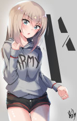 Rule 34 | 10s, 1girl, artist name, bad id, bad pixiv id, black shorts, blue eyes, blush, casual, clothes writing, commentary request, cowboy shot, english text, eyes visible through hair, girls und panzer, grey sweater, highres, hood, hoodie, itsumi erika, long hair, long sleeves, looking at viewer, murata ryou, open mouth, short shorts, shorts, signature, silver hair, solo, standing, sweater, thigh gap
