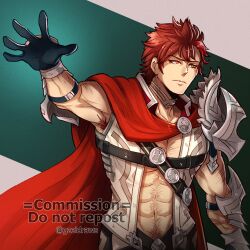 Rule 34 | 1boy, abs, alternate costume, armor, armpits, bara, black gloves, cape, diamant (fire emblem), fire emblem, fire emblem engage, fire emblem heroes, gloves, gzei, highres, male focus, muscular, muscular male, nintendo, red cape, red hair, scar, shoulder armor, solo, upper body, watermark