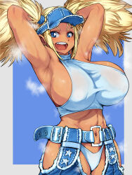 Rule 34 | 1girl, abs, alla kgk, alternate hairstyle, armpits, arms behind head, arms up, blonde hair, blue eyes, blue mary, breasts, crop top, fatal fury, garter straps, hat, highres, huge breasts, midriff, navel, smile, snk, steaming body, the king of fighters, thong, twintails