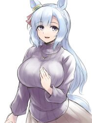 Rule 34 | 1girl, animal ears, blue hair, braid, breasts, brown skirt, commentary request, crown braid, ear ornament, horse ears, horse girl, horse tail, jewelry, large breasts, light blue hair, long hair, long sleeves, looking at viewer, mejiro ardan (umamusume), necklace, open mouth, pataneet, purple eyes, purple sweater, skirt, smile, solo, sweater, tail, turtleneck, turtleneck sweater, umamusume