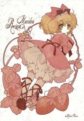 Rule 34 | 00s, 1girl, blonde hair, bloomers, bow, character name, copyright name, dress, drill hair, food, fruit, green eyes, hair bow, highres, hinaichigo, lolita fashion, name connection, object namesake, pantyhose, pink bow, plant, room603, rozen maiden, short hair, strawberry, underwear, vines