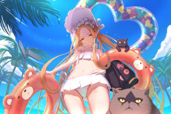 Rule 34 | 1girl, abigail williams (fate), abigail williams (swimsuit foreigner) (fate), abigail williams (swimsuit foreigner) (third ascension) (fate), bikini, blonde hair, blue eyes, blue sky, bonnet, cat, closed mouth, cloud, commentary request, day, fate/grand order, fate (series), frilled bikini, frills, hand on own hip, innertube, long hair, looking at viewer, navel, ocean, outdoors, palm tree, sky, smile, stomach, swim ring, swimsuit, tenshin kagehisa, tree, white bikini
