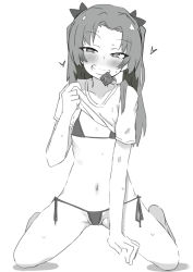 Rule 34 | 1girl, bikini, blush, breasts, cameltoe, clothes lift, collarbone, condom, condom in mouth, condom wrapper, girls und panzer, greyscale, grin, groin, hair ornament, hair ribbon, heart, heart-shaped pupils, kadotani anzu, lifted by self, looking at viewer, micro bikini, monochrome, mouth hold, navel, ngc20701, parted lips, ribbon, shirt lift, side-tie bikini bottom, simple background, sketch, small breasts, smile, solo, sweat, swimsuit, symbol-shaped pupils