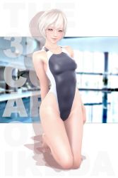 Rule 34 | 1girl, 3d, :d, arm behind back, artist name, bare shoulders, barefoot, black one-piece swimsuit, blue eyes, blurry, breasts, competition swimsuit, full body, highleg, highleg swimsuit, highres, ikeda (hayato), kneeling, lips, looking at viewer, mole, mole under mouth, one-piece swimsuit, open mouth, original, photo background, shadow, short hair, small breasts, smile, solo, swimsuit, white hair