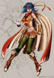 Rule 34 | 1girl, armlet, armor, armored skirt, astonishia story 2, blue eyes, blue hair, boobplate, boots, breastplate, brown footwear, cape, closed mouth, commentary, english commentary, full body, green thighhighs, grey background, headband, highres, holding, holding sword, holding weapon, limha lekan, looking to the side, midriff, navel, official art, orange armor, red cape, red headband, serinna, short hair, solo, sword, thighhighs, weapon, zoom layer