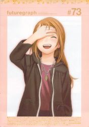 Rule 34 | 1girl, black jacket, blonde hair, closed eyes, facepalm, futuregraph, hand on forehead, highres, jacket, jewelry, long hair, murata range, necklace, open mouth, orange hair, purple shirt, shirt, simple background, smile, solo, teeth