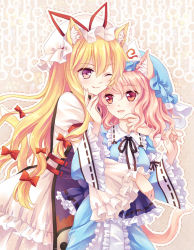 Rule 34 | 2girls, animal ears, armband, blonde hair, blush, bow, cat ears, cat tail, dress, frilled dress, frilled kimono, frills, gradient eyes, hair bow, hand on another&#039;s cheek, hand on another&#039;s chin, hand on another&#039;s face, hat, japanese clothes, kemonomimi mode, kimono, lilith (lilithchan), long hair, long sleeves, mob cap, multicolored eyes, multiple girls, obi, one eye closed, open mouth, outline, pink hair, purple eyes, red eyes, ribbon, ribbon-trimmed clothes, ribbon-trimmed collar, ribbon trim, saigyouji yuyuko, sash, short hair, smile, tabard, tail, tongue, tongue out, touhou, triangular headpiece, white dress, wide sleeves, yakumo yukari, yellow eyes