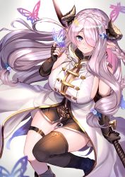 Rule 34 | 1girl, asymmetrical gloves, bare shoulders, belt, black dress, black footwear, black gloves, black thighhighs, blue eyes, blush, braid, breasts, bug, butterfly, closed mouth, draph, dress, elbow gloves, gloves, granblue fantasy, hair ornament, hair over one eye, highres, horns, insect, katana, large breasts, light purple hair, long hair, looking at viewer, low tied hair, narmaya (granblue fantasy), ninoude (ninoude44), pointy ears, short dress, single braid, single thighhigh, smile, solo, sword, thigh strap, thighhighs, uneven gloves, vest, weapon, white vest