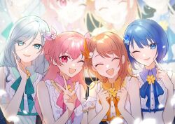 4girls ^_^ blue_eyes blue_hair bow brown_hair closed_eyes hair_ornament hanasato_minori hatori_naco hinomori_shizuku kiritani_haruka long_hair looking_at_viewer momoi_airi multiple_girls one_eye_closed open_mouth pink_eyes pink_hair project_sekai short_hair smile