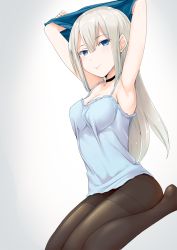 Rule 34 | 1girl, armpits, arms up, black pantyhose, blonde hair, blue eyes, collar, commentary request, hair between eyes, highres, long hair, looking at viewer, original, pantyhose, seiza, sitting, solo, sorano (12gou)