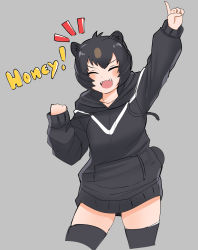 Rule 34 | 1girl, absurdres, alternate costume, animal ears, arm up, bear ears, bear girl, bear tail, black hair, brown hair, closed eyes, colored inner hair, commentary, cropped legs, drawstring, english commentary, english text, facing viewer, fangs, grey background, hand up, highres, hood, hood down, hoodie, index finger raised, japanese black bear (kemono friends), kemono friends, light blush, long sleeves, medium hair, multicolored hair, nanoder, open mouth, outstretched arm, pocket, simple background, sleeves past wrists, smile, solo, tail, thighhighs, two-tone hair, v-shaped eyebrows, zettai ryouiki