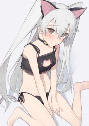 Rule 34 | 10s, 1girl, amatsukaze (kancolle), animal ears, barefoot, bell, neck bell, black bra, black panties, blush, bra, breasts, brown eyes, cat cutout, cat ear panties, cat ears, cat lingerie, choker, cleavage cutout, clothing cutout, collarbone, fake animal ears, hayashi kewi, jingle bell, kantai collection, kemonomimi mode, long hair, looking at viewer, meme attire, navel, panties, side-tie panties, silver hair, sitting, small breasts, solo, two side up, underwear, v arms, very long hair, wariza