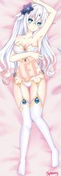 Rule 34 | 1girl, :o, alternate costume, aqua eyes, arm up, armpits, artist name, bare arms, bare shoulders, bed, black heart (neptunia), blush, bra, breasts, circlet, cleavage, collarbone, dakimakura (medium), female focus, from above, full body, garter belt, garter straps, girl on top, hair between eyes, hand up, highres, lingerie, long hair, looking at viewer, lying, medium breasts, midriff, navel, neck, neptune (series), noire (neptunia), on back, on bed, open mouth, panties, power symbol-shaped pupils, self-upload, solo, spleeny, strapless, strapless bra, symbol-shaped pupils, thighhighs, tsundere, underwear, wavy hair, white bra, white hair, white panties, white thighhighs