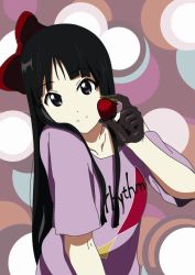 Rule 34 | 1girl, akiyama mio, black eyes, black hair, casual, donald (donaldr), food, fruit, gloves, holding, holding food, holding fruit, k-on!, listen!!, long hair, solo, strawberry