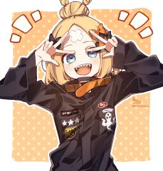 Rule 34 | 1girl, :d, abigail williams (fate), abigail williams (traveling outfit) (fate), absurdres, arms up, black bow, black jacket, blonde hair, blue eyes, blush, bow, commentary, crossed bandaids, double v, fate/grand order, fate (series), hair bow, hair bun, heroic spirit traveling outfit, highres, jacket, long hair, long sleeves, looking at viewer, notice lines, official alternate costume, open mouth, orange background, orange bow, outline, parted bangs, polka dot, polka dot background, sharp teeth, signature, single hair bun, sleeves past wrists, smile, sofra, solo, star (symbol), symbol-only commentary, teeth, twitter username, two-tone background, upper body, v, white background, white outline
