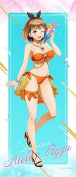 Rule 34 | atelier (series), atelier ryza, bikini, blinking, bracelet, breasts, brown hair, feet, glass, jewelry, large breasts, navel, necklace, official art, orange bikini, reisalin stout, ribbon, sandals, short hair, smile, swimsuit, thick thighs, thigh strap, thighs, wide hips, yellow eyes