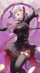 Rule 34 | + +, 1girl, :d, absurdres, ambience synesthesia, arknights, asymmetrical sleeves, black dress, black footwear, boots, breasts, brown pantyhose, buckle, cleavage, cleavage cutout, clothing cutout, coin, dress, gradient background, grey hair, highres, horns, jumping, large breasts, long sleeves, multicolored hair, official alternate costume, open mouth, outstretched arms, pantyhose, purple background, red hair, short hair, short sleeves, smile, solo, thigh boots, torn clothes, torn dress, torn pantyhose, two-tone hair, underbust, w (arknights), w (wanted) (arknights), yellow eyes, zhihuigugudegezi