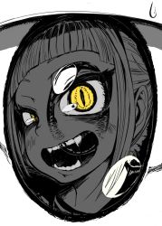 Rule 34 | 10s, 1girl, 4shi, blunt bangs, boku no hero academia, close-up, eye reflection, eyelashes, fangs, female focus, highres, monochrome, open mouth, reflection, slit pupils, smile, solo, spot color, toga himiko, yellow eyes