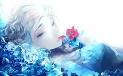 Rule 34 | 1girl, blonde hair, blue eyes, elsa (frozen), face, flower, frozen (disney), gradient background, lying, panbukin, petals, rose, solo