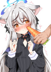 Rule 34 | 1girl, animal ears, black dress, black hair, black jacket, blue archive, blush, carrot, cheek poking, dress, grey hair, hair between eyes, halo, hands up, highres, holding, holding carrot, jacket, kokona (blue archive), long hair, long sleeves, looking to the side, machismo fuji, multicolored hair, nose blush, poking, simple background, single bare shoulder, solo focus, streaked hair, striped clothes, striped dress, striped jacket, tearing up, trembling, white background, yellow eyes