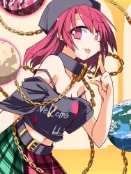 Rule 34 | 1girl, belt, black bra, black shirt, blush, bra, bra strap, breasts, chain, cleavage, clothes writing, collar, cowboy shot, earth (ornament), from side, gold chain, hat, hecatia lapislazuli, hemogurobin a1c, honey, looking at viewer, looking to the side, midriff, moon (ornament), multicolored clothes, multicolored skirt, off-shoulder shirt, off shoulder, red eyes, red hair, shirt, short hair, short sleeves, skirt, solo, suggestive fluid, tongue, tongue out, touhou, underwear