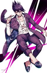 Rule 34 | 1boy, beard, blazer, collarbone, danganronpa (series), dress shirt, facial hair, full body, grin, hair between eyes, holding, jacket, long sleeves, looking at viewer, male focus, momota kaito, danganronpa v3: killing harmony, open jacket, open clothes, open jacket, open shirt, pants, purple eyes, purple hair, purple jacket, purple pants, sakuyu, shirt, slippers, smile, solo, spiked hair, white background, white shirt