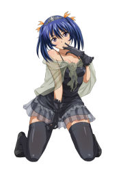 Rule 34 | 00s, 1girl, bashoku youjou, blue hair, blush, breasts, cleavage, curvy, female focus, full body, hair ornament, hair ribbon, ikkitousen, kneeling, large breasts, legs, looking at viewer, purple eyes, ribbon, short twintails, smile, solo, thick thighs, thighhighs, thighs, twintails, wide hips