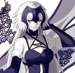Rule 34 | 1girl, black gloves, breasts, cleavage, collarbone, elbow gloves, fate/grand order, fate (series), fur trim, gloves, headpiece, jeanne d&#039;arc (fate), jeanne d&#039;arc alter (avenger) (fate), jeanne d&#039;arc alter (avenger) (third ascension) (fate), jeanne d&#039;arc alter (fate), long hair, looking at viewer, medium breasts, parted lips, sideboob, silver hair, solo, upper body, very long hair, white background, yaoshi jun, yellow eyes