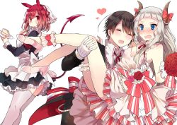 Rule 34 | 1boy, 2girls, apron, bad id, bad twitter id, blue eyes, blush, bow, breasts, brown hair, carrying, cleavage, demon tail, dress, closed eyes, flower, gloves, hair ribbon, hairband, heart, heart print, hime cut, holding, horns, ikeuchi tanuma, bridal garter, long hair, maid, multiple girls, open mouth, princess carry, red eyes, red hair, ribbon, shoes, short hair, silver hair, simple background, small breasts, tail, waist apron, wavy mouth, white background, white legwear