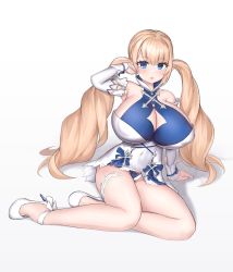 Rule 34 | 1girl, blonde hair, blue eyes, bluerat, breasts, clothes, dress, female focus, gradient background, highres, large breasts, looking at viewer, mabinogi, panties, pointy ears, sitting, solo, twintails, underwear, white panties