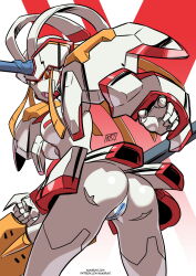 Rule 34 | 1girl, android, armor, ass, breasts, colored skin, darling in the franxx, flying, from side, highres, horns, kukuruyo, large breasts, mecha, pauldrons, profile, pussy, robot, shoulder armor, single horn, solo, strelizia, third-party edit, white skin