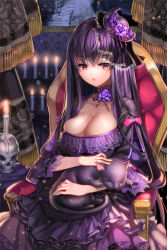 Rule 34 | 1girl, aile (crossroads), breasts, candle, cat, character request, choker, cleavage, dress, flower, frills, hair ornament, hair ribbon, large breasts, long hair, looking at viewer, purple hair, red eyes, ribbon, rose, shiny skin, sitting, skindentation, skull, solo, sword girls, very long hair