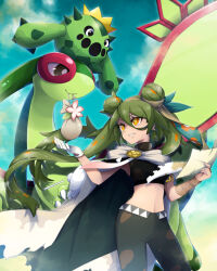 Rule 34 | 1girl, 2others, absurdres, bandaged arm, bandages, brown cape, cacnea, cape, claws, commentary, creatures (company), crop top, double bun, dragon, dragon wings, flower, flygon, flying, game freak, gen 3 pokemon, gloves, green hair, green wings, ground miku (project voltage), hair bun, hatsune miku, highres, long hair, midriff, misubaru rin, multiple others, nintendo, orange eyes, pants, pokemon, pokemon (creature), pouch, project voltage, single glove, sky, smile, twintails, very long hair, vocaloid, wings