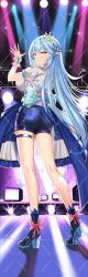 Rule 34 | 1girl, ahoge, ass, blue footwear, blue hair, blue shorts, braid, breasts, crown, french braid, heart, heart ahoge, high heels, highres, hololive, jinpaitugounan, large breasts, long hair, looking at viewer, multicolored hair, pointy ears, short shorts, shorts, sideboob, smile, solo, stage, stage lights, streaked hair, thigh strap, virtual youtuber, white wrist cuffs, wrist cuffs, yellow eyes, yukihana lamy